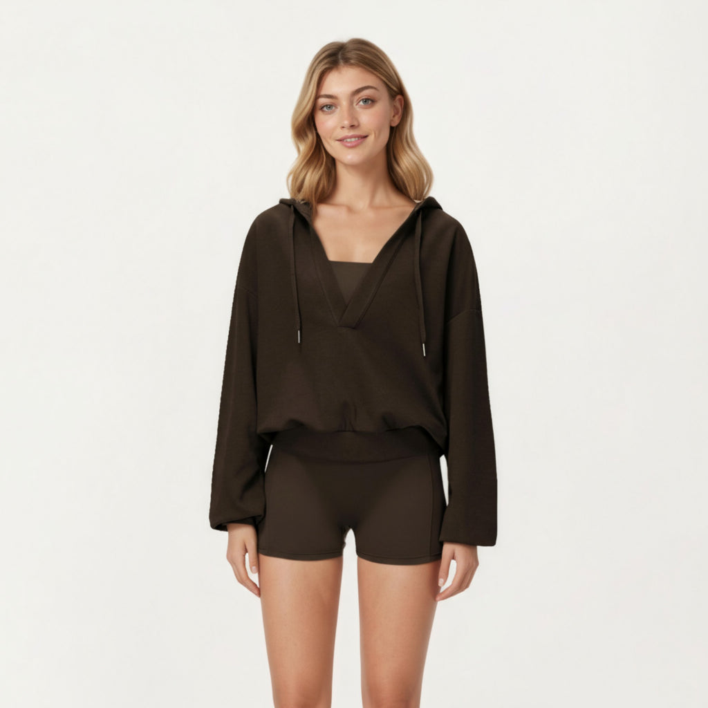 Anna-Kaci Active Women's Waffle Knit Long Sleeve Active Hoodie Top with Deep V-Neckline Relaxed Fit and Soft Stretch Texture for Everyday Comfort