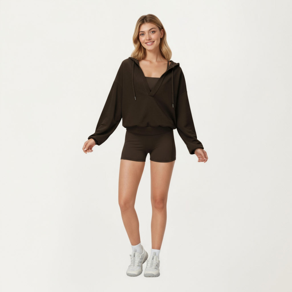 Anna-Kaci Active Women's Waffle Knit Long Sleeve Active Hoodie Top with Deep V-Neckline Relaxed Fit and Soft Stretch Texture for Everyday Comfort