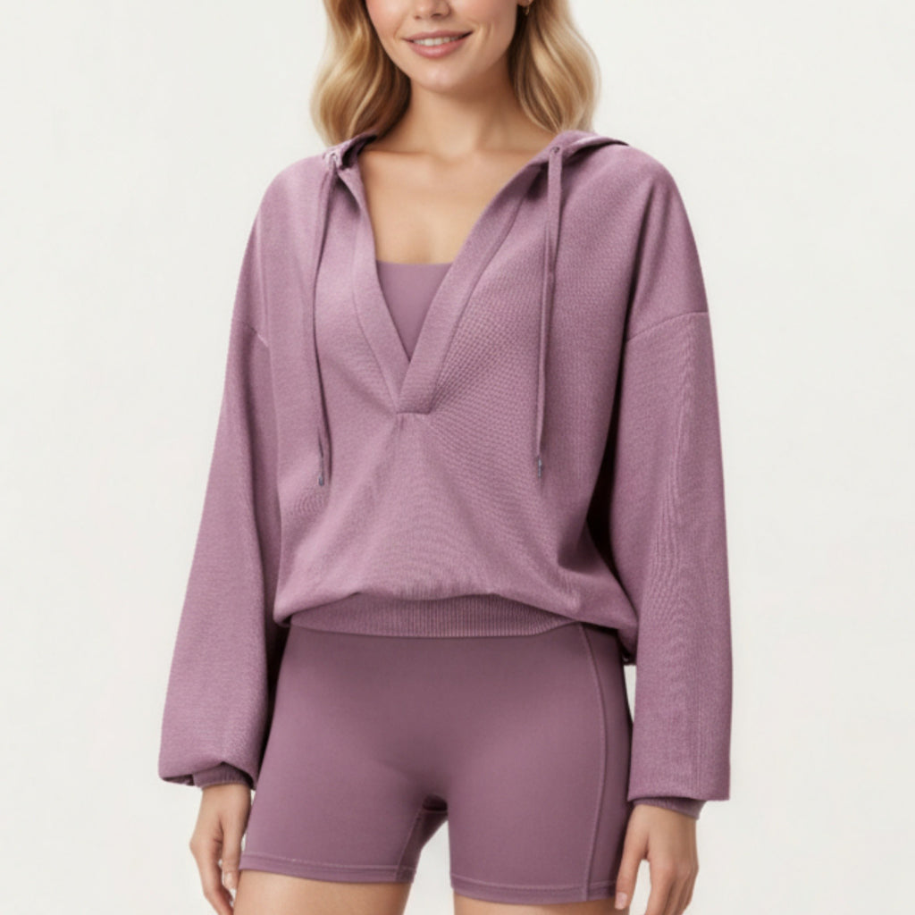 Anna-Kaci Active Women's Waffle Knit Long Sleeve Active Hoodie Top with Deep V-Neckline Relaxed Fit and Soft Stretch Texture for Everyday Comfort