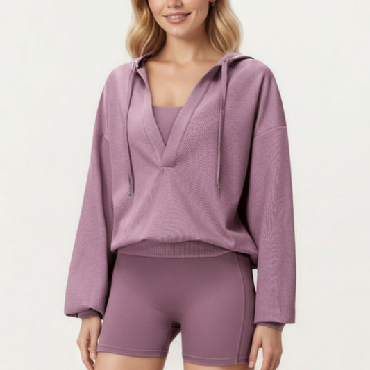 Anna-Kaci Active Women's Waffle Knit Long Sleeve Active Hoodie Top with Deep V-Neckline Relaxed Fit and Soft Stretch Texture for Everyday Comfort