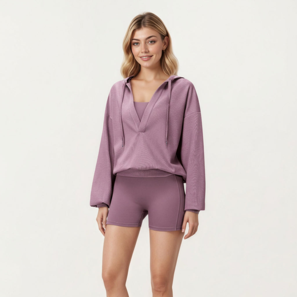 Anna-Kaci Active Women's Waffle Knit Long Sleeve Active Hoodie Top with Deep V-Neckline Relaxed Fit and Soft Stretch Texture for Everyday Comfort
