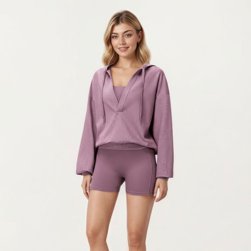 Anna-Kaci Active Women's Waffle Knit Long Sleeve Active Hoodie Top with Deep V-Neckline Relaxed Fit and Soft Stretch Texture for Everyday Comfort