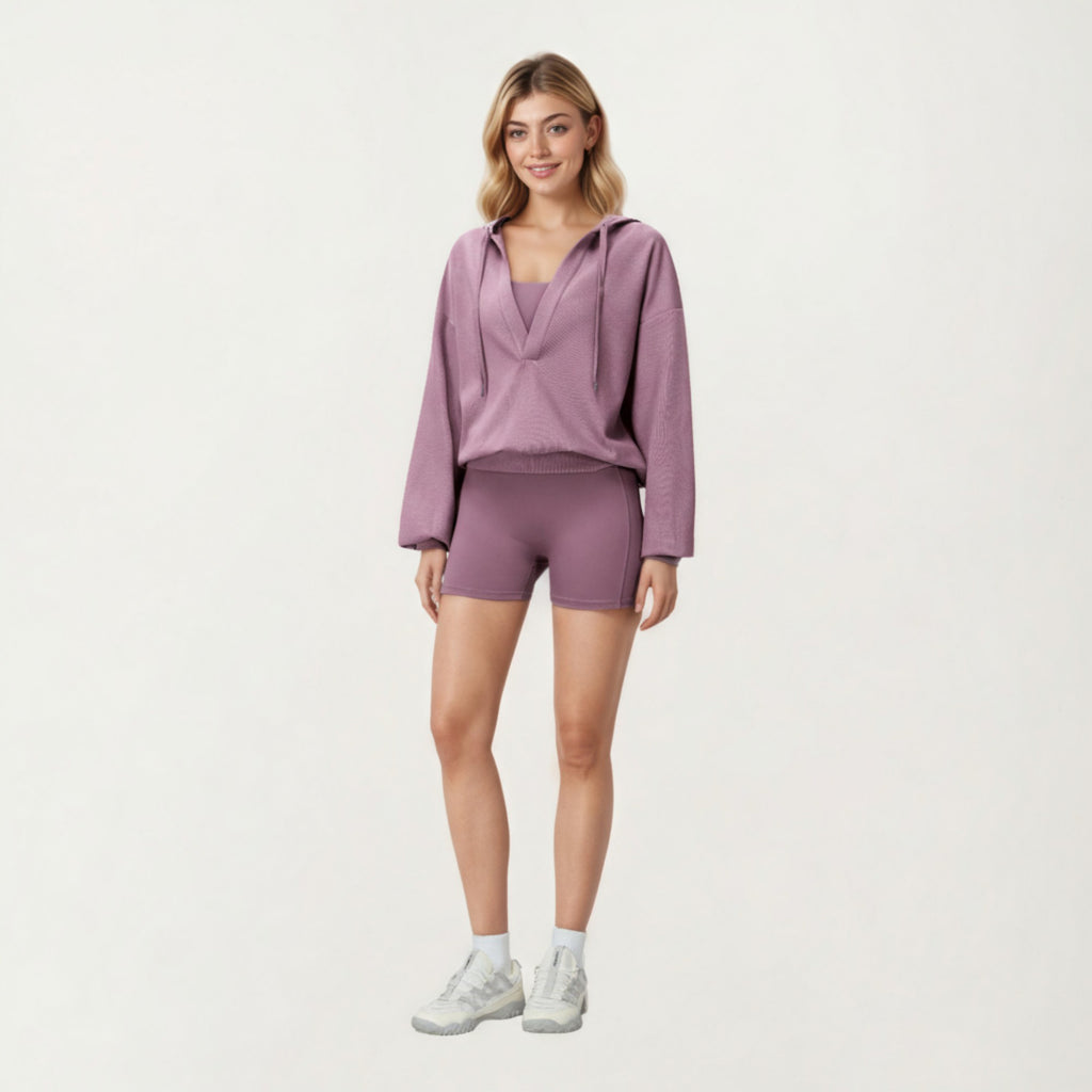 Anna-Kaci Active Women's Waffle Knit Long Sleeve Active Hoodie Top with Deep V-Neckline Relaxed Fit and Soft Stretch Texture for Everyday Comfort
