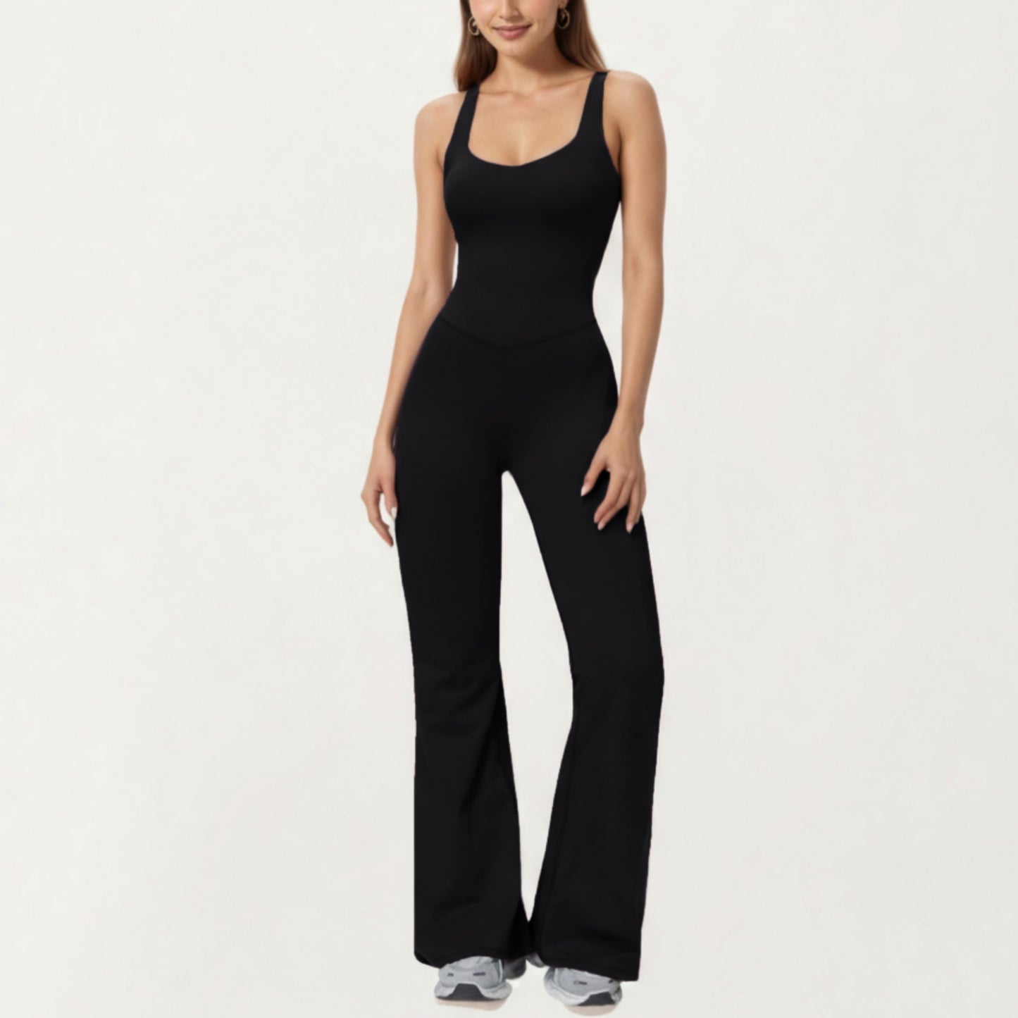 Anna-Kaci Active Women's Scoop Neck Flare Leg One-Piece Activewear Jumpsuit with Contoured Fit and Smooth Stretch Fabric for Streamlined Comfort