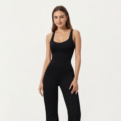 Anna-Kaci Active Women's Scoop Neck Flare Leg One-Piece Activewear Jumpsuit with Contoured Fit and Smooth Stretch Fabric for Streamlined Comfort