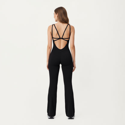 Anna-Kaci Active Women's Scoop Neck Flare Leg One-Piece Activewear Jumpsuit with Contoured Fit and Smooth Stretch Fabric for Streamlined Comfort