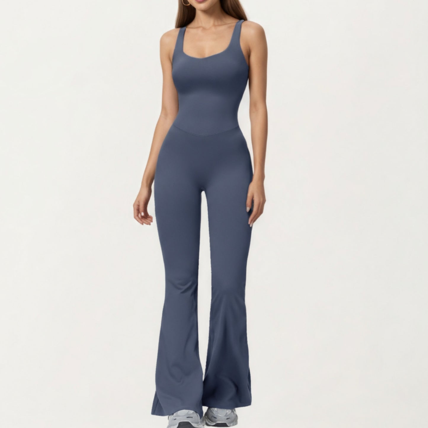 Anna-Kaci Active Women's Scoop Neck Flare Leg One-Piece Activewear Jumpsuit with Contoured Fit and Smooth Stretch Fabric for Streamlined Comfort