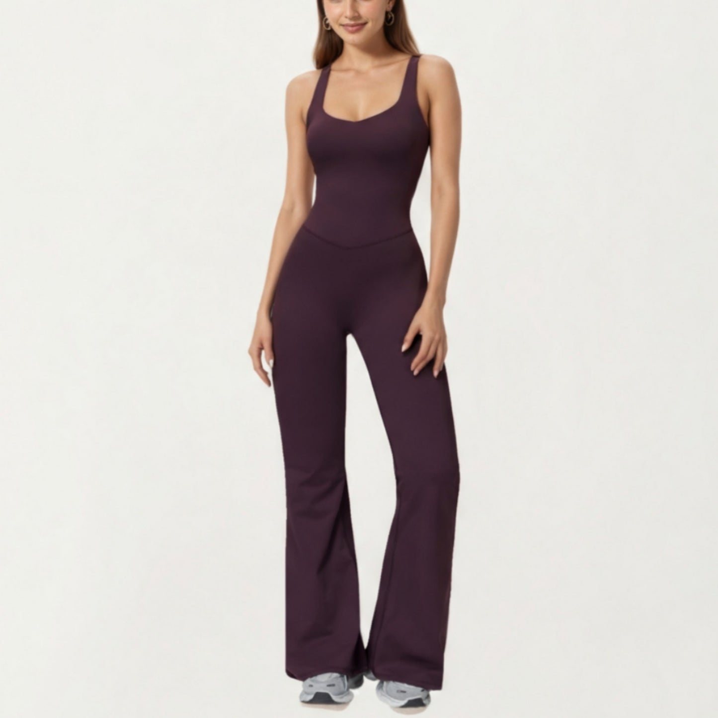 Anna-Kaci Active Women's Scoop Neck Flare Leg One-Piece Activewear Jumpsuit with Contoured Fit and Smooth Stretch Fabric for Streamlined Comfort