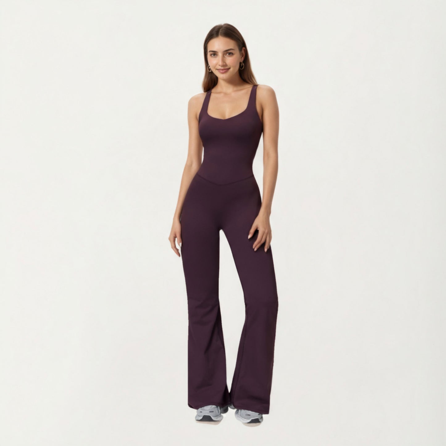 Anna-Kaci Active Women's Scoop Neck Flare Leg One-Piece Activewear Jumpsuit with Contoured Fit and Smooth Stretch Fabric for Streamlined Comfort
