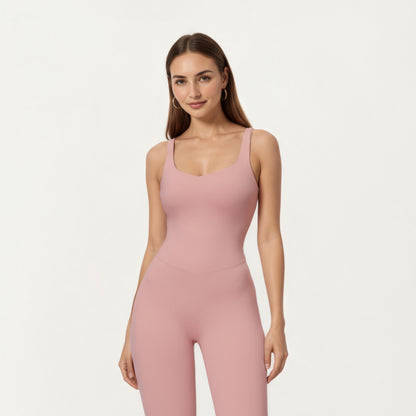 Anna-Kaci Active Women's Scoop Neck Flare Leg One-Piece Activewear Jumpsuit with Contoured Fit and Smooth Stretch Fabric for Streamlined Comfort