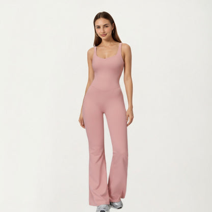 Anna-Kaci Active Women's Scoop Neck Flare Leg One-Piece Activewear Jumpsuit with Contoured Fit and Smooth Stretch Fabric for Streamlined Comfort