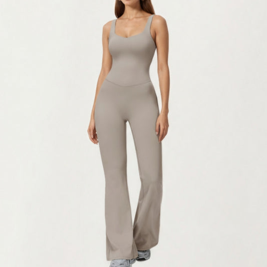 Anna-Kaci Active Women's Scoop Neck Flare Leg One-Piece Activewear Jumpsuit with Contoured Fit and Smooth Stretch Fabric for Streamlined Comfort