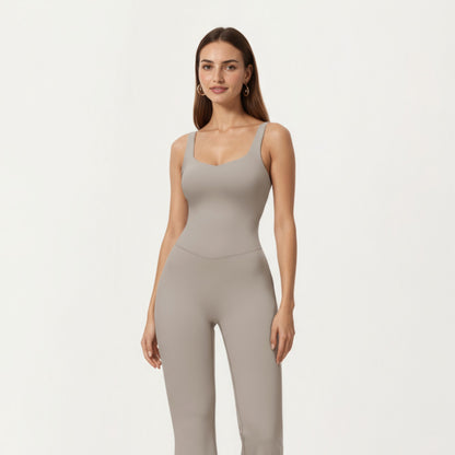 Anna-Kaci Active Women's Scoop Neck Flare Leg One-Piece Activewear Jumpsuit with Contoured Fit and Smooth Stretch Fabric for Streamlined Comfort