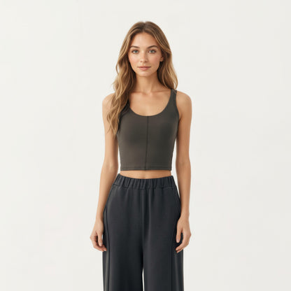 Anna-Kaci Active Women¡¯s Ribbed Cropped Active Tank Top with Soft Stretch Fabric Scoop Neckline Contoured Seam Detail