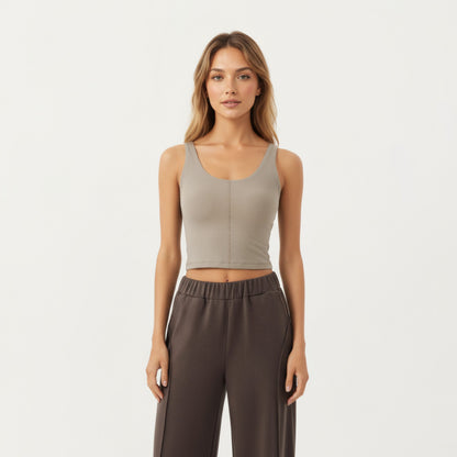 Anna-Kaci Active Women¡¯s Ribbed Cropped Active Tank Top with Soft Stretch Fabric Scoop Neckline Contoured Seam Detail
