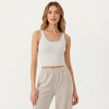 Anna-Kaci Active Women¡¯s Ribbed Cropped Active Tank Top with Soft Stretch Fabric Scoop Neckline Contoured Seam Detail