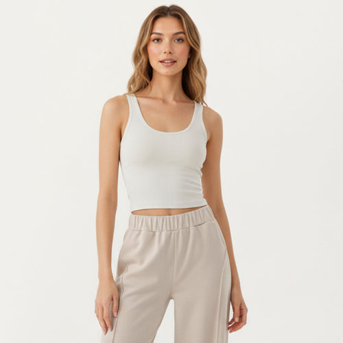Anna-Kaci Active Women¡¯s Ribbed Cropped Active Tank Top with Soft Stretch Fabric Scoop Neckline Contoured Seam Detail