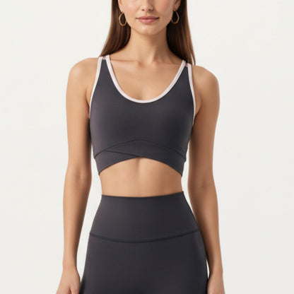 Anna-Kaci Active Women¡¯s Stretch Sports Bra with Scoop Neckline Contrast Trim and Supportive Wrapped Underband Design