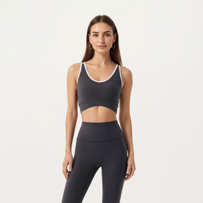 Anna-Kaci Active Women¡¯s Stretch Sports Bra with Scoop Neckline Contrast Trim and Supportive Wrapped Underband Design