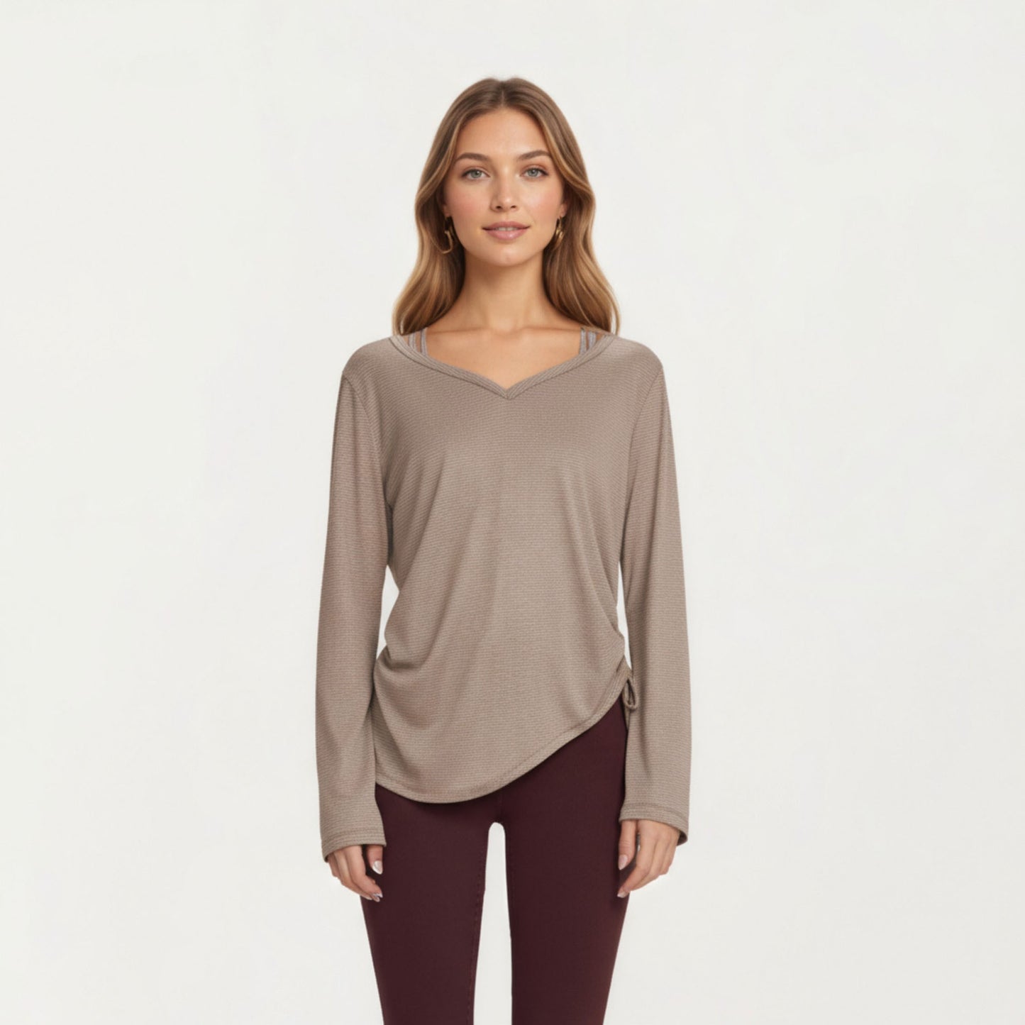Anna-Kaci Active Women¡¯s Long Sleeve V Neck Top with Soft Textured Fabric Relaxed Draped Silhouette and Curved Hemline