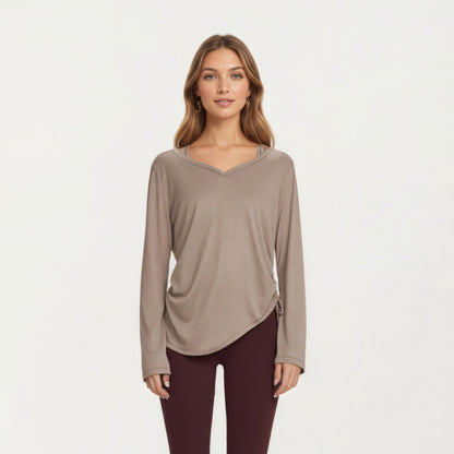 Anna-Kaci Active Women¡¯s Long Sleeve V Neck Top with Soft Textured Fabric Relaxed Draped Silhouette and Curved Hemline