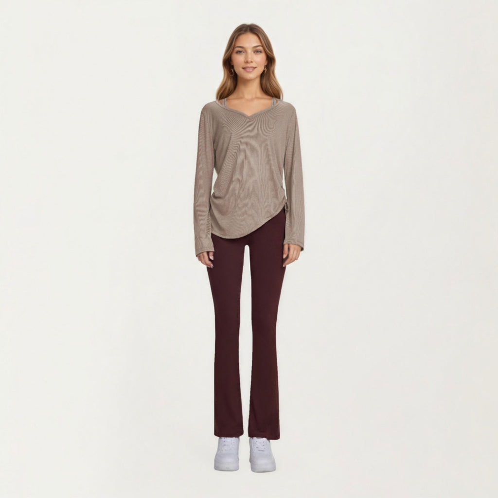 Anna-Kaci Active Women¡¯s Long Sleeve V Neck Top with Soft Textured Fabric Relaxed Draped Silhouette and Curved Hemline