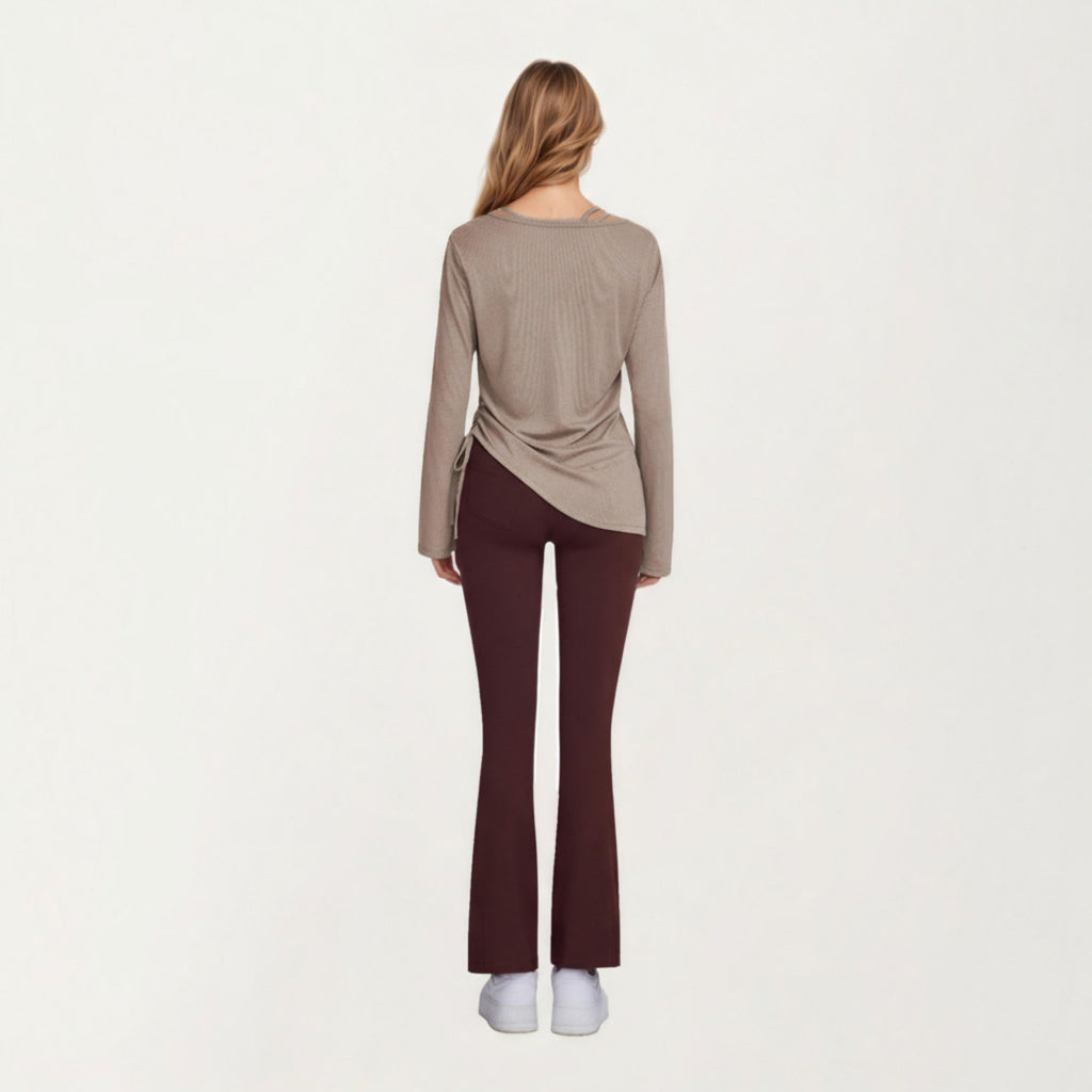 Anna-Kaci Active Women¡¯s Long Sleeve V Neck Top with Soft Textured Fabric Relaxed Draped Silhouette and Curved Hemline