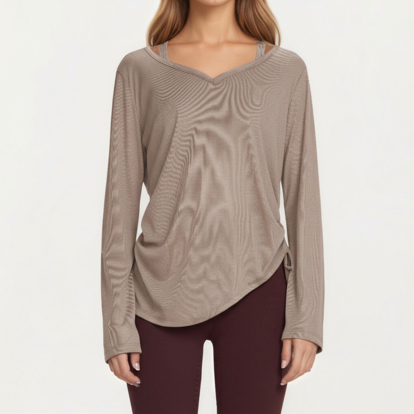Anna-Kaci Active Women¡¯s Long Sleeve V Neck Top with Soft Textured Fabric Relaxed Draped Silhouette and Curved Hemline