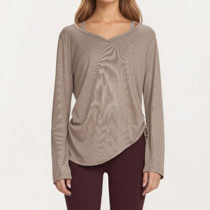 Anna-Kaci Active Women¡¯s Long Sleeve V Neck Top with Soft Textured Fabric Relaxed Draped Silhouette and Curved Hemline