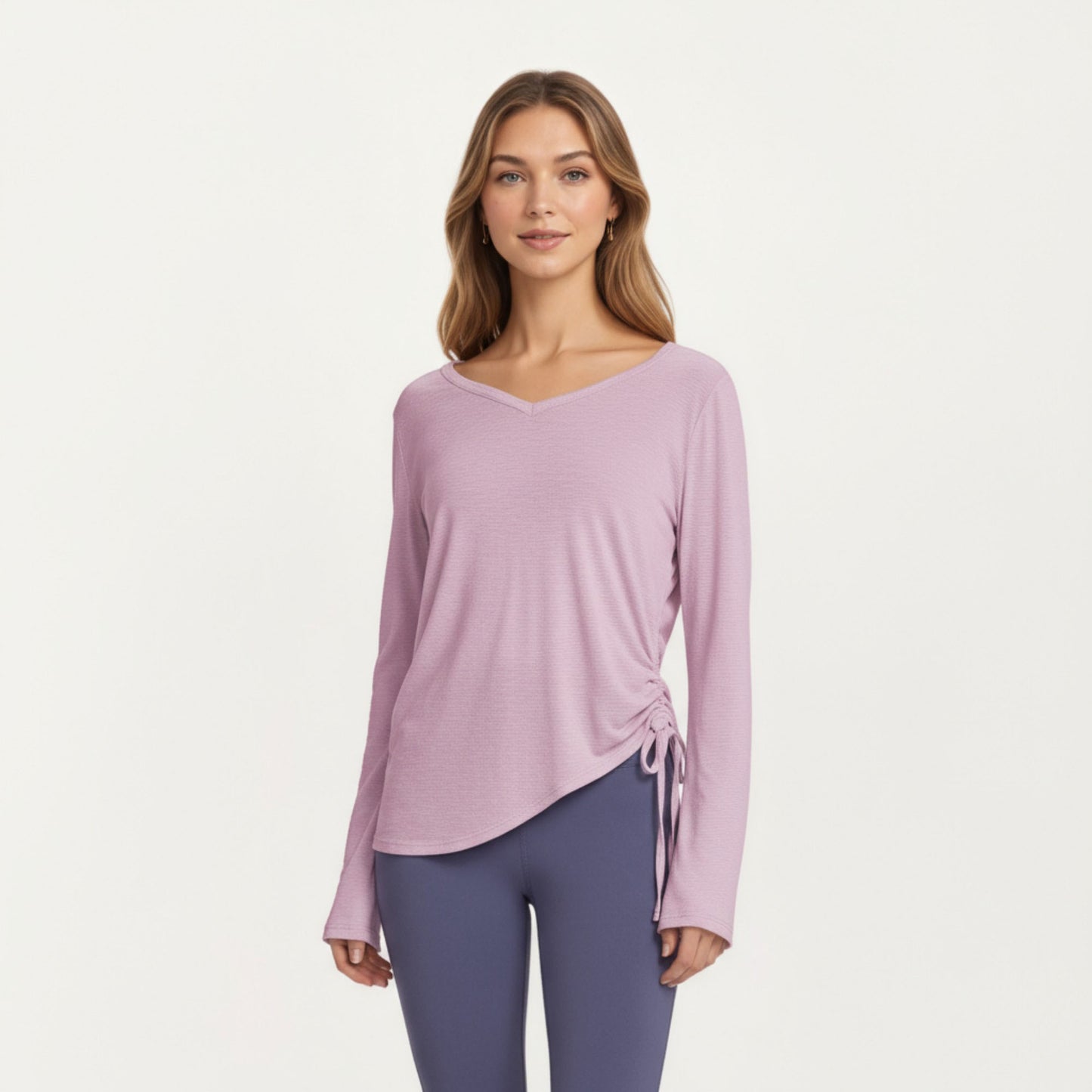 Anna-Kaci Active Women¡¯s Long Sleeve V Neck Top with Soft Textured Fabric Relaxed Draped Silhouette and Curved Hemline