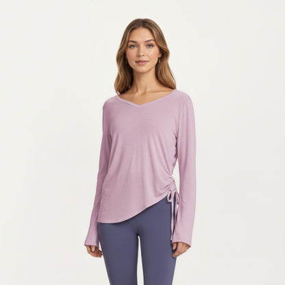 Anna-Kaci Active Women¡¯s Long Sleeve V Neck Top with Soft Textured Fabric Relaxed Draped Silhouette and Curved Hemline