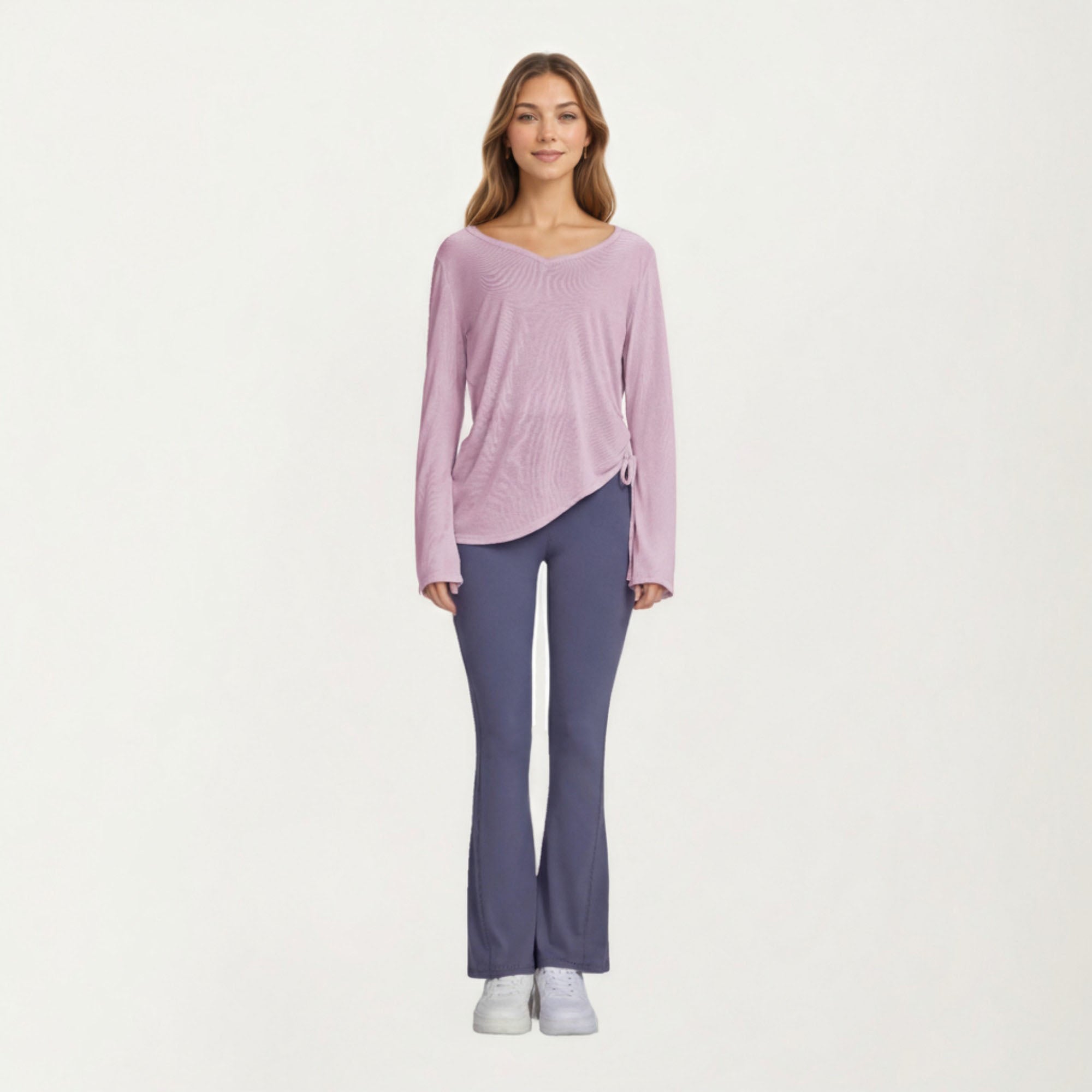 Anna-Kaci Active Women¡¯s Long Sleeve V Neck Top with Soft Textured Fabric Relaxed Draped Silhouette and Curved Hemline