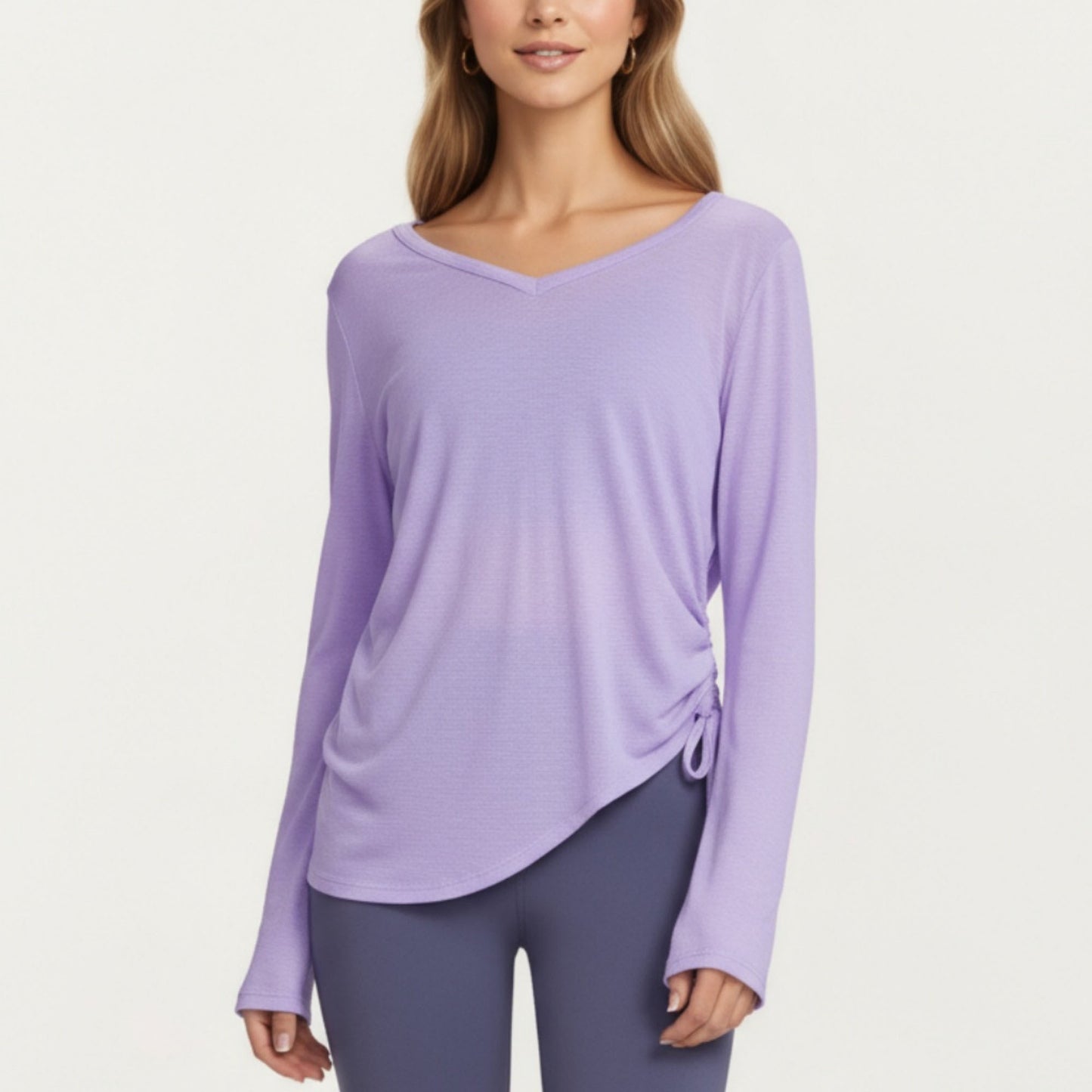 Anna-Kaci Active Women¡¯s Long Sleeve V Neck Top with Soft Textured Fabric Relaxed Draped Silhouette and Curved Hemline