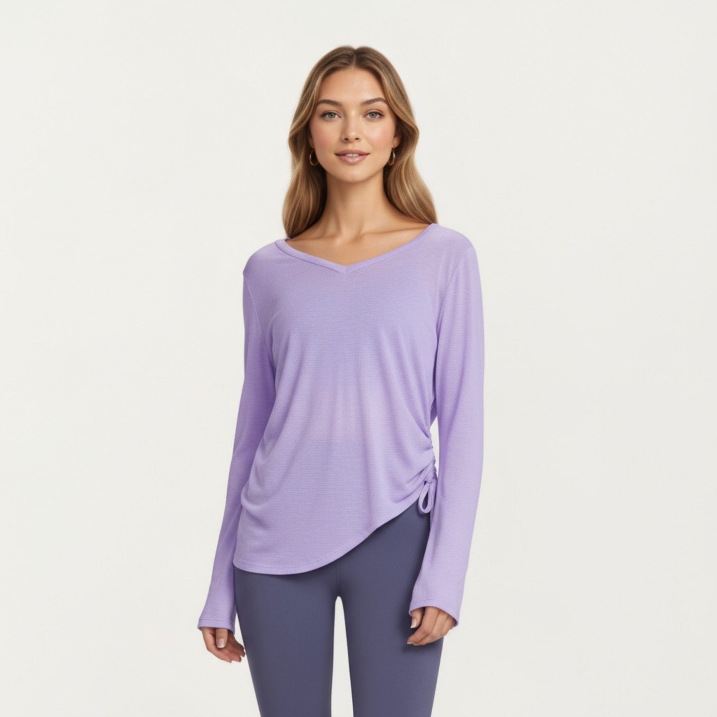 Anna-Kaci Active Women¡¯s Long Sleeve V Neck Top with Soft Textured Fabric Relaxed Draped Silhouette and Curved Hemline
