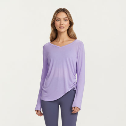 Anna-Kaci Active Women¡¯s Long Sleeve V Neck Top with Soft Textured Fabric Relaxed Draped Silhouette and Curved Hemline