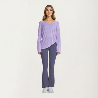 Anna-Kaci Active Women¡¯s Long Sleeve V Neck Top with Soft Textured Fabric Relaxed Draped Silhouette and Curved Hemline