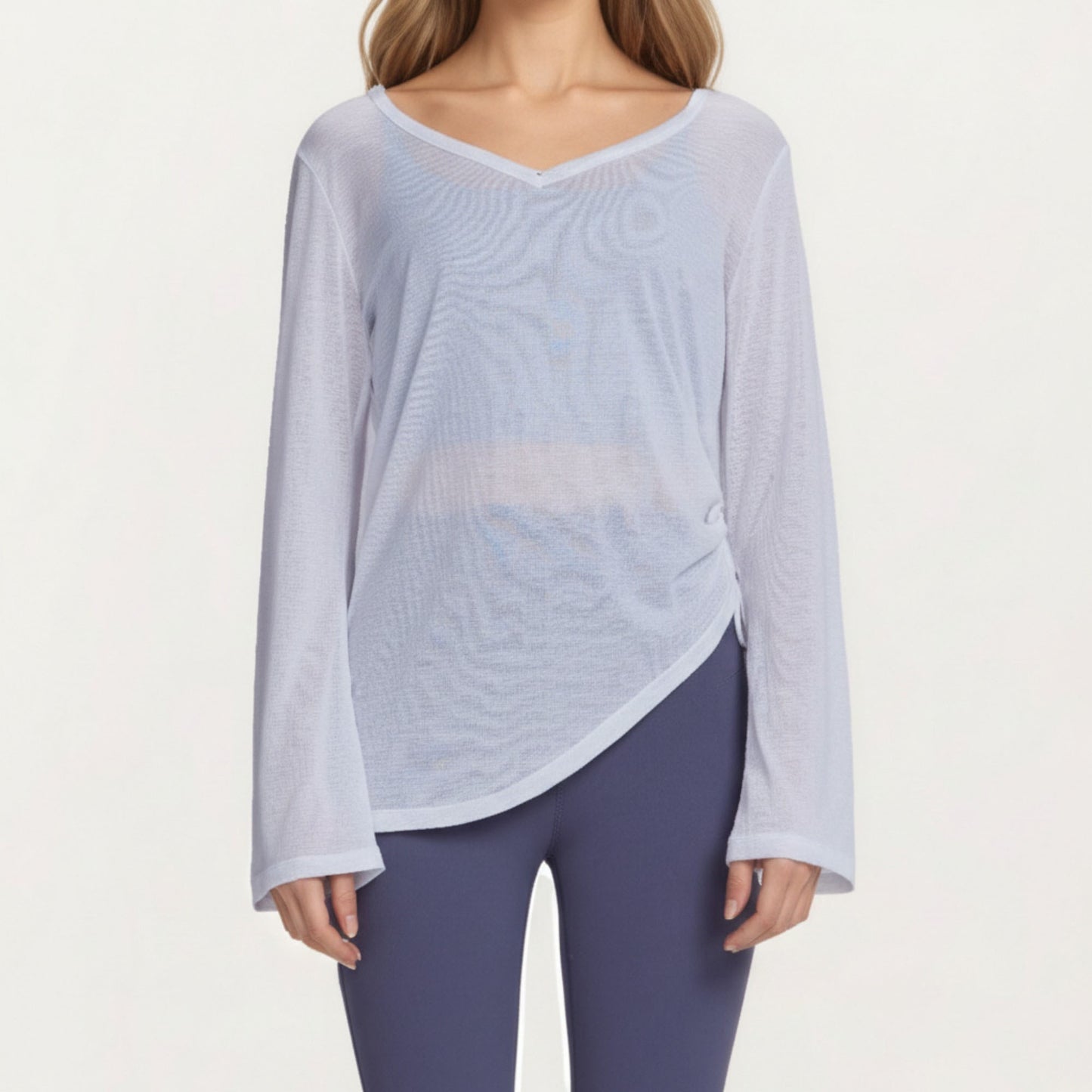 Anna-Kaci Active Women¡¯s Long Sleeve V Neck Top with Soft Textured Fabric Relaxed Draped Silhouette and Curved Hemline