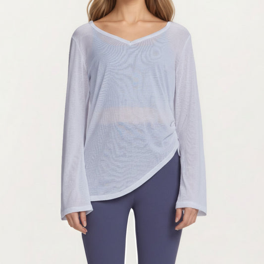 Anna-Kaci Active Women¡¯s Long Sleeve V Neck Top with Soft Textured Fabric Relaxed Draped Silhouette and Curved Hemline