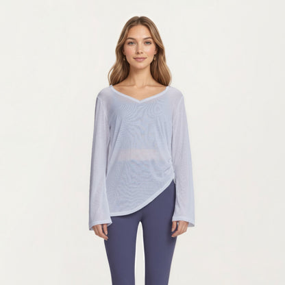 Anna-Kaci Active Women¡¯s Long Sleeve V Neck Top with Soft Textured Fabric Relaxed Draped Silhouette and Curved Hemline