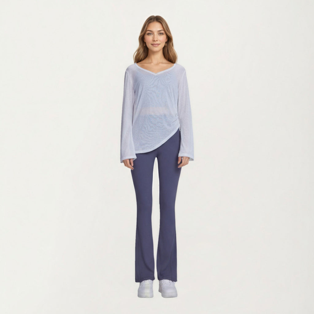 Anna-Kaci Active Women¡¯s Long Sleeve V Neck Top with Soft Textured Fabric Relaxed Draped Silhouette and Curved Hemline