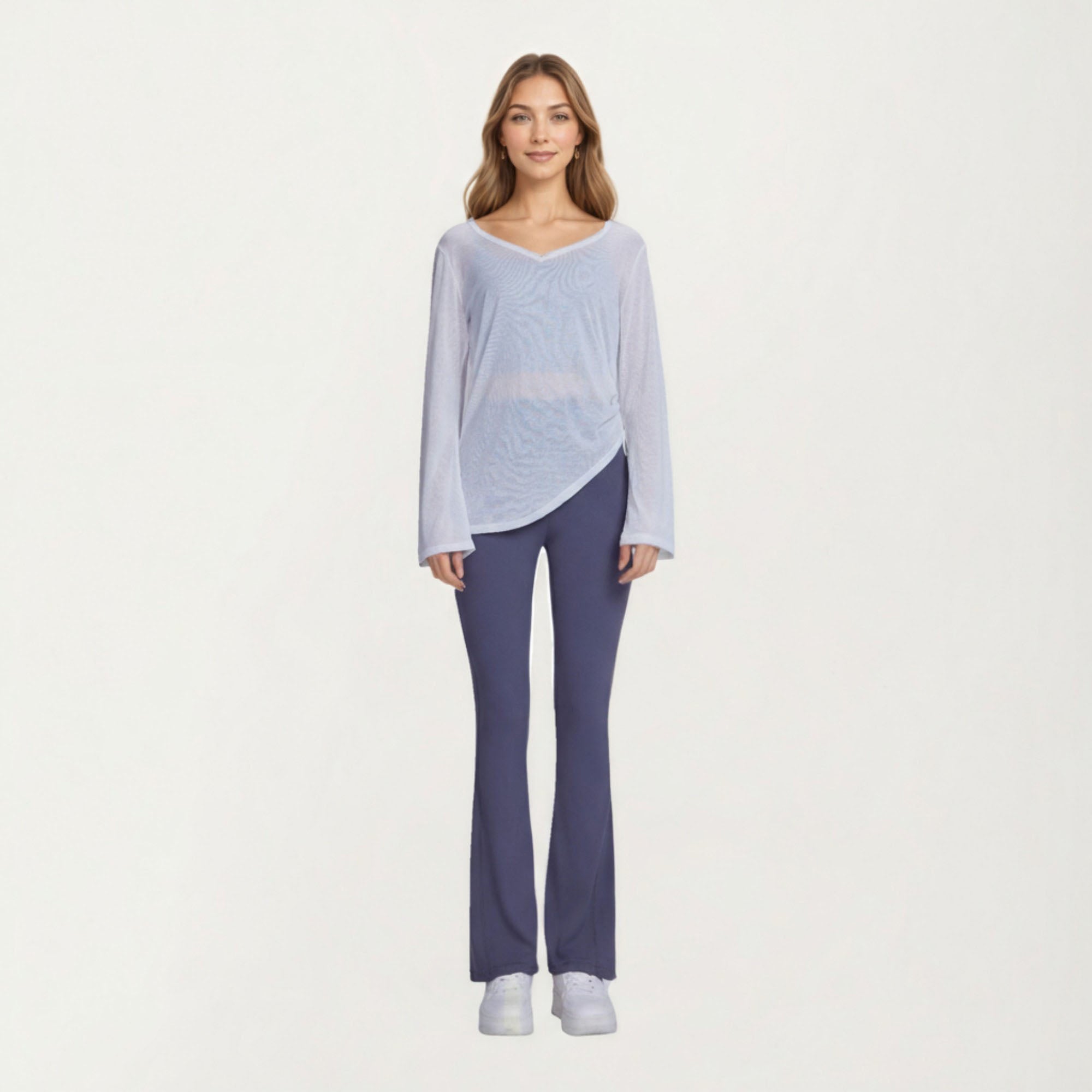 Anna-Kaci Active Women¡¯s Long Sleeve V Neck Top with Soft Textured Fabric Relaxed Draped Silhouette and Curved Hemline