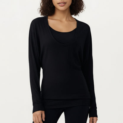 Anna-Kaci Active Women¡¯s Off Shoulder Long Sleeve Top with Soft Stretch Fabric Relaxed Draped Fit and Extended Hemline