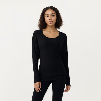 Anna-Kaci Active Women¡¯s Off Shoulder Long Sleeve Top with Soft Stretch Fabric Relaxed Draped Fit and Extended Hemline