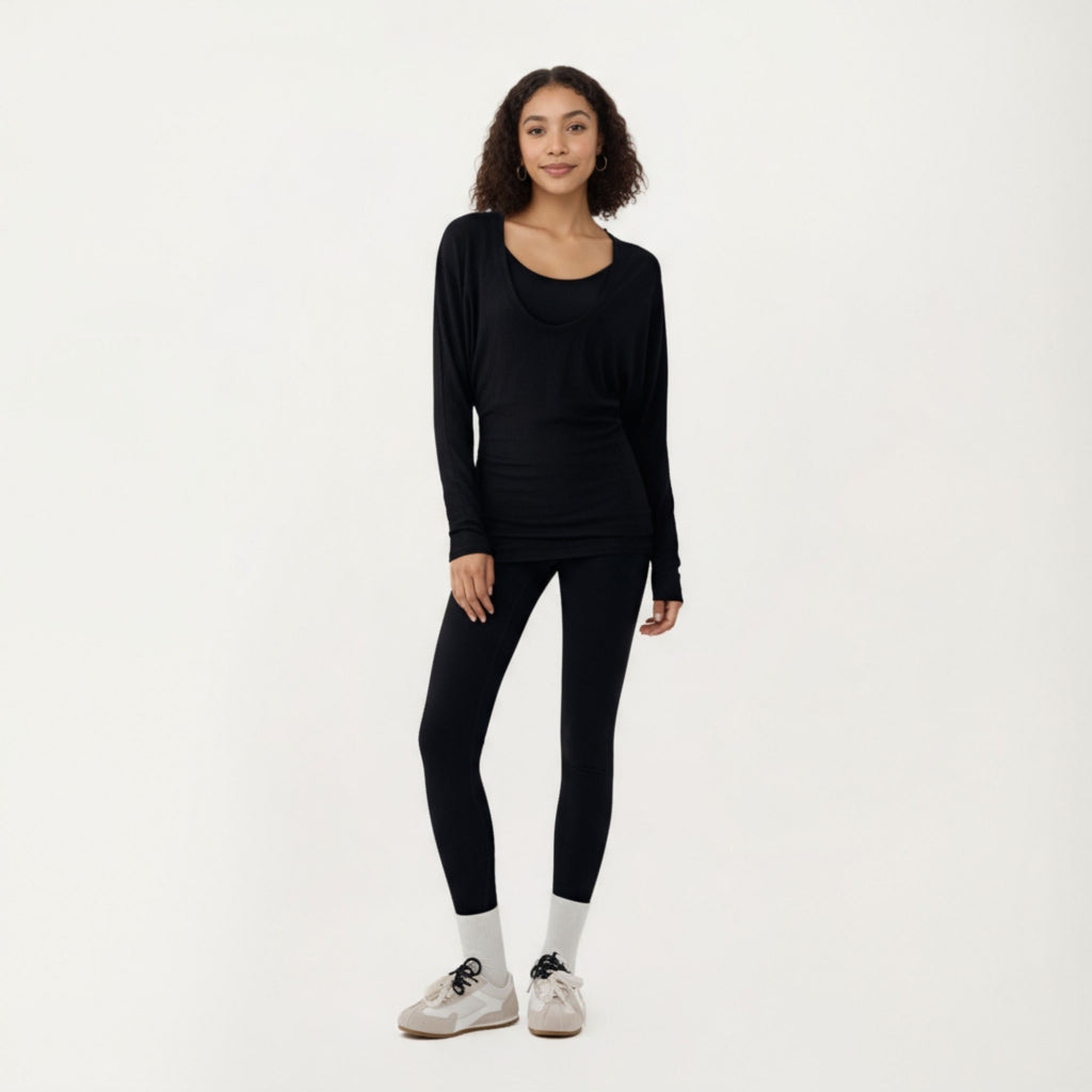 Anna-Kaci Active Women¡¯s Off Shoulder Long Sleeve Top with Soft Stretch Fabric Relaxed Draped Fit and Extended Hemline