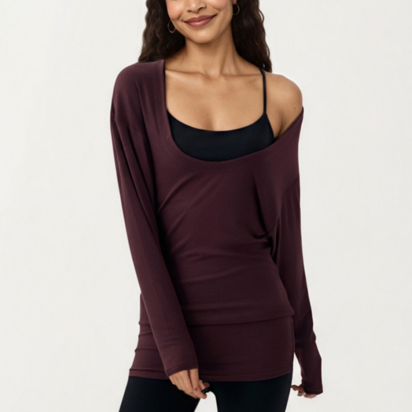 Anna-Kaci Active Women¡¯s Off Shoulder Long Sleeve Top with Soft Stretch Fabric Relaxed Draped Fit and Extended Hemline