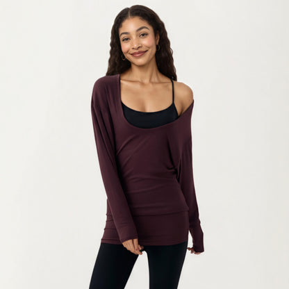 Anna-Kaci Active Women¡¯s Off Shoulder Long Sleeve Top with Soft Stretch Fabric Relaxed Draped Fit and Extended Hemline