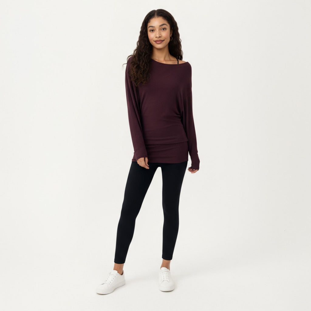 Anna-Kaci Active Women¡¯s Off Shoulder Long Sleeve Top with Soft Stretch Fabric Relaxed Draped Fit and Extended Hemline