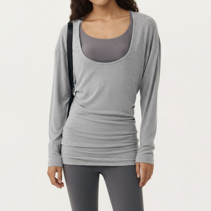 Anna-Kaci Active Women¡¯s Off Shoulder Long Sleeve Top with Soft Stretch Fabric Relaxed Draped Fit and Extended Hemline