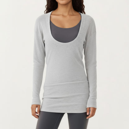 Anna-Kaci Active Women¡¯s Off Shoulder Long Sleeve Top with Soft Stretch Fabric Relaxed Draped Fit and Extended Hemline