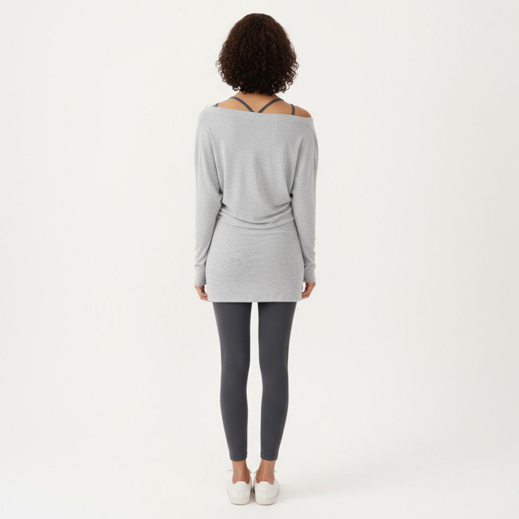 Anna-Kaci Active Women¡¯s Off Shoulder Long Sleeve Top with Soft Stretch Fabric Relaxed Draped Fit and Extended Hemline